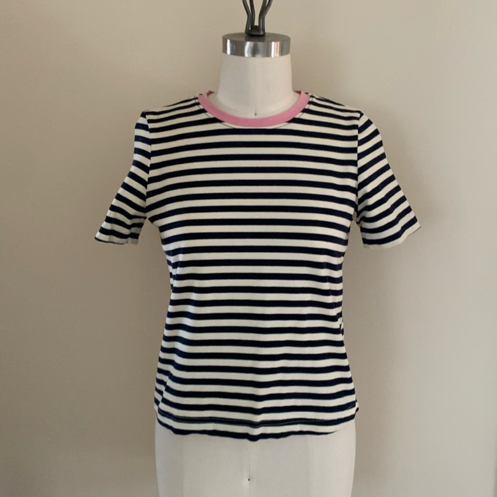 Issac Mizrahi Striped Navy & White with Pink Ringer Cropped T-shirt Size Small